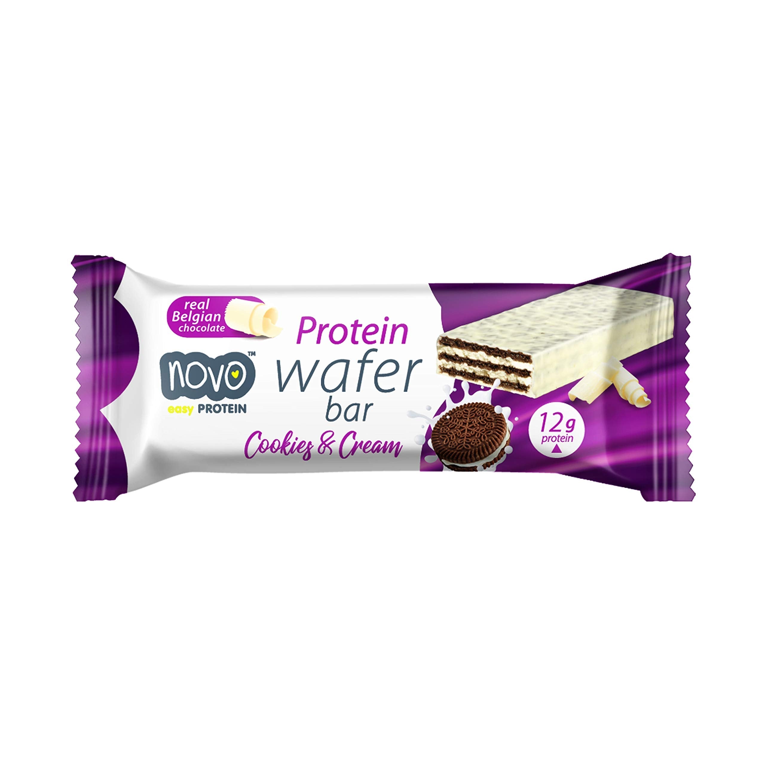 Purple and white Novo Protein Wafer Bar in Cookies & Cream flavor with 12g protein