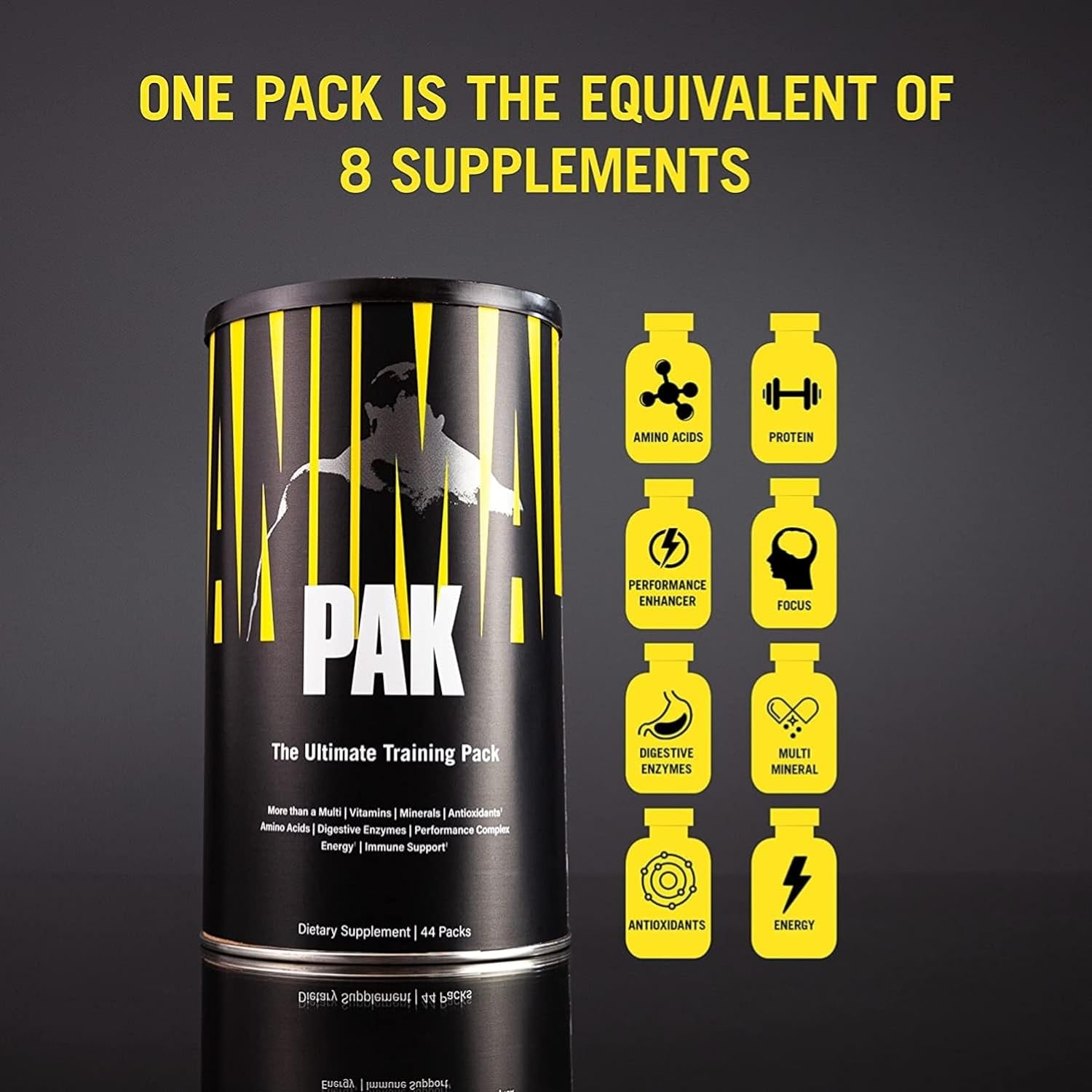 Black and yellow Animal Pak container with great-tasting powder supplement for training