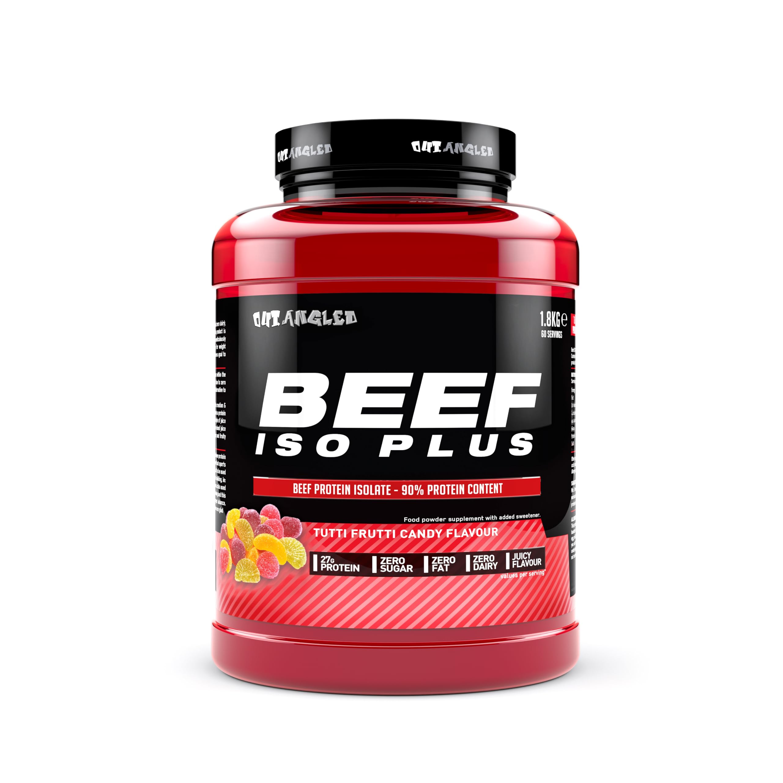 Red and black Outangled Beef Iso Plus container of beef protein isolate powder with tutti frutti flavor