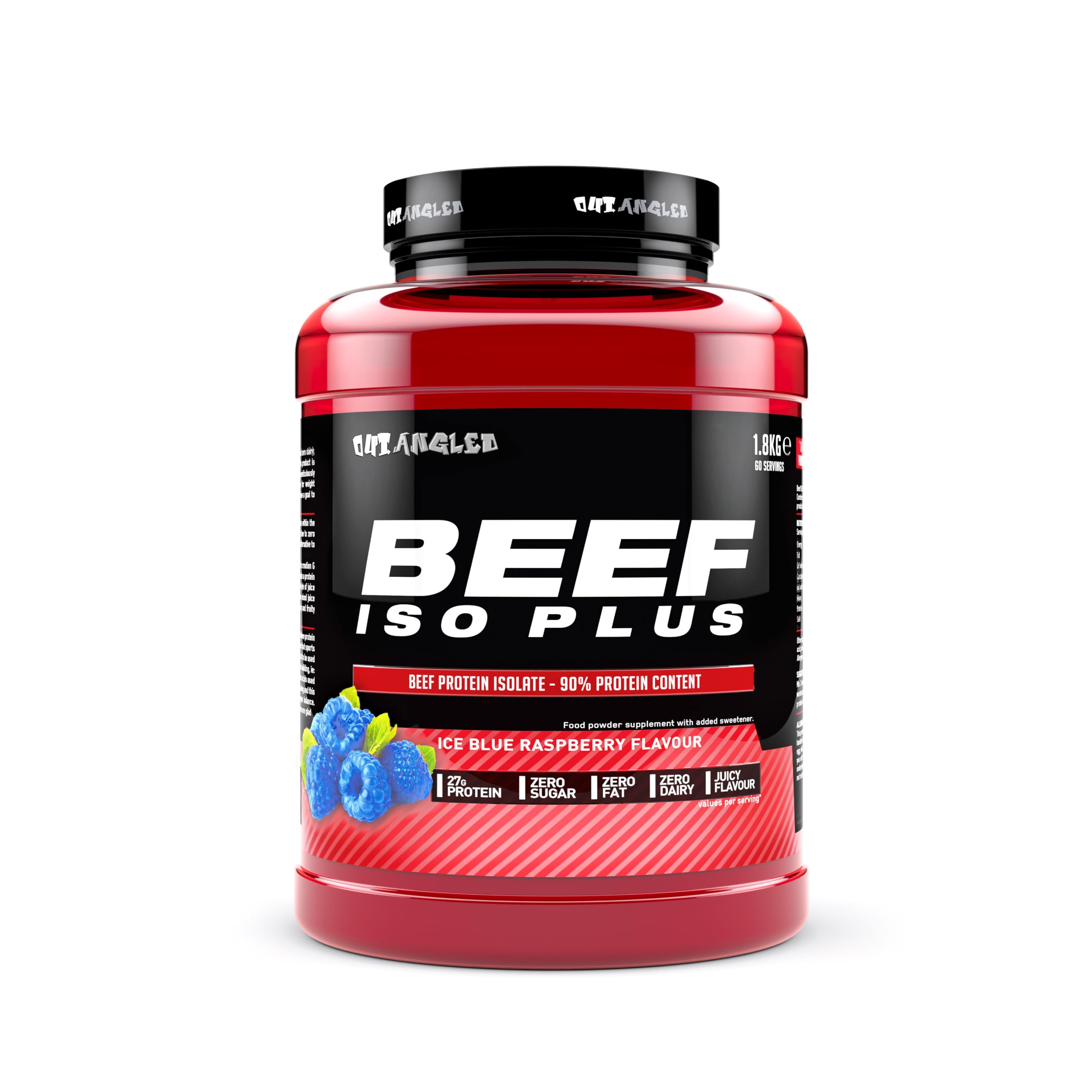 Red and black Outangled Beef Iso Plus tub with blue raspberry flavor beef protein isolate