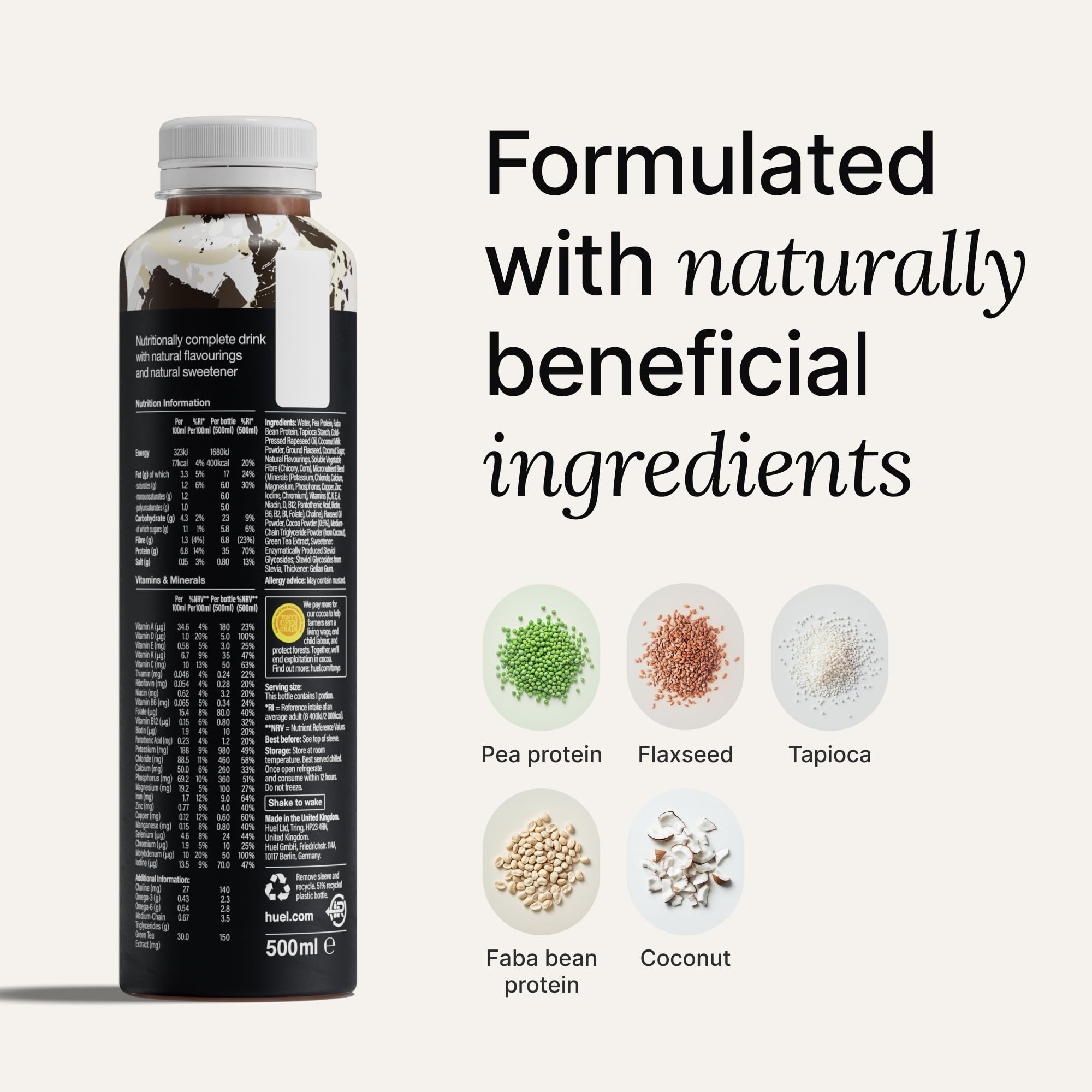 Bottle of HUEL Ready-to-Drink Black Edition 8x500ml chocolate peanut butter drink with healthy ingredients