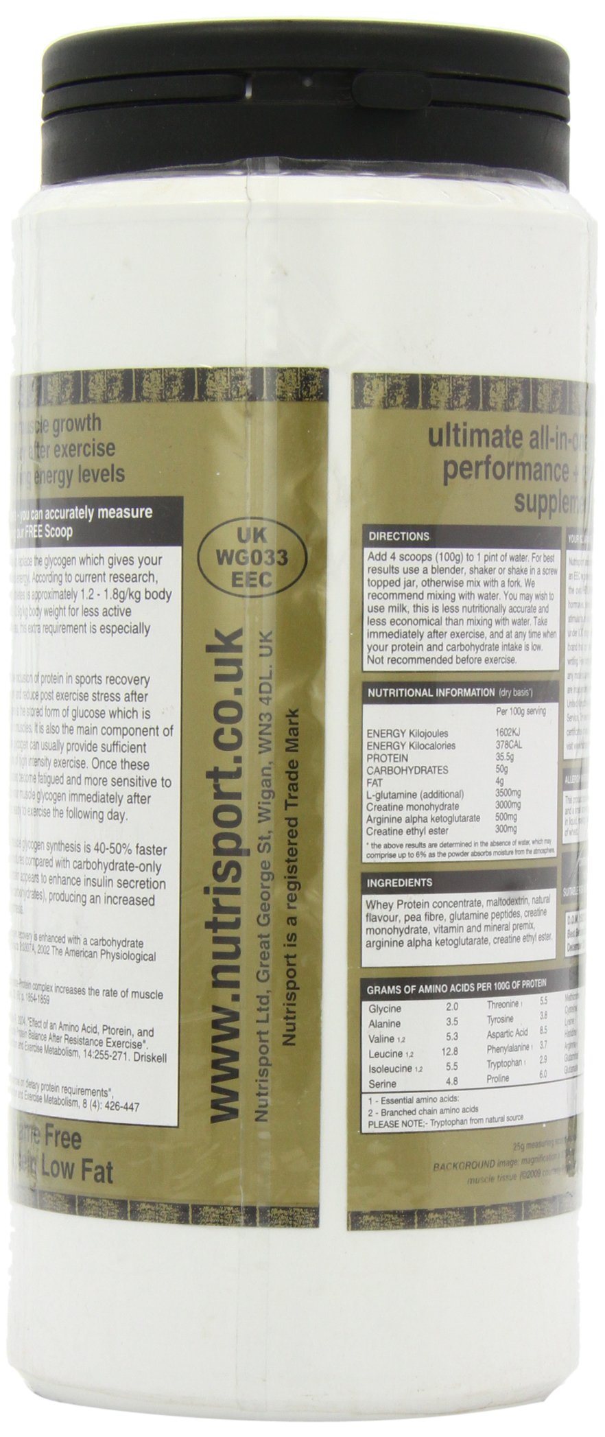 White plastic NutriSport Protein container with black lid, whey concentrate, and complex carbs