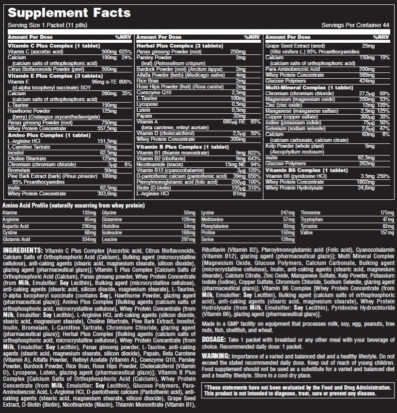 Animal Pak nutritional supplement facts label showcasing great-tasting powder details