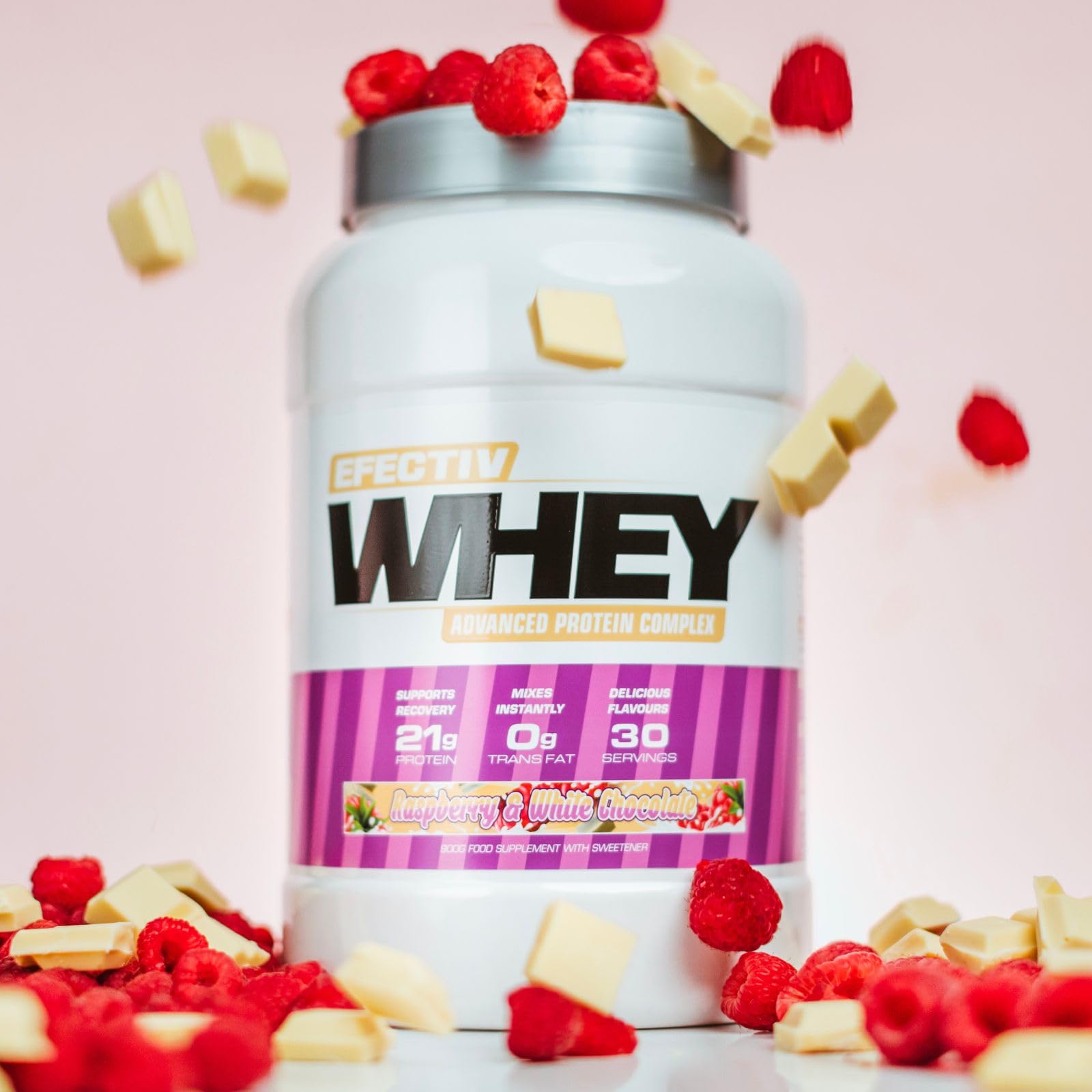 White and purple Efectiv Nutrition Whey Protein container with highly bioavailable whey for lean muscle
