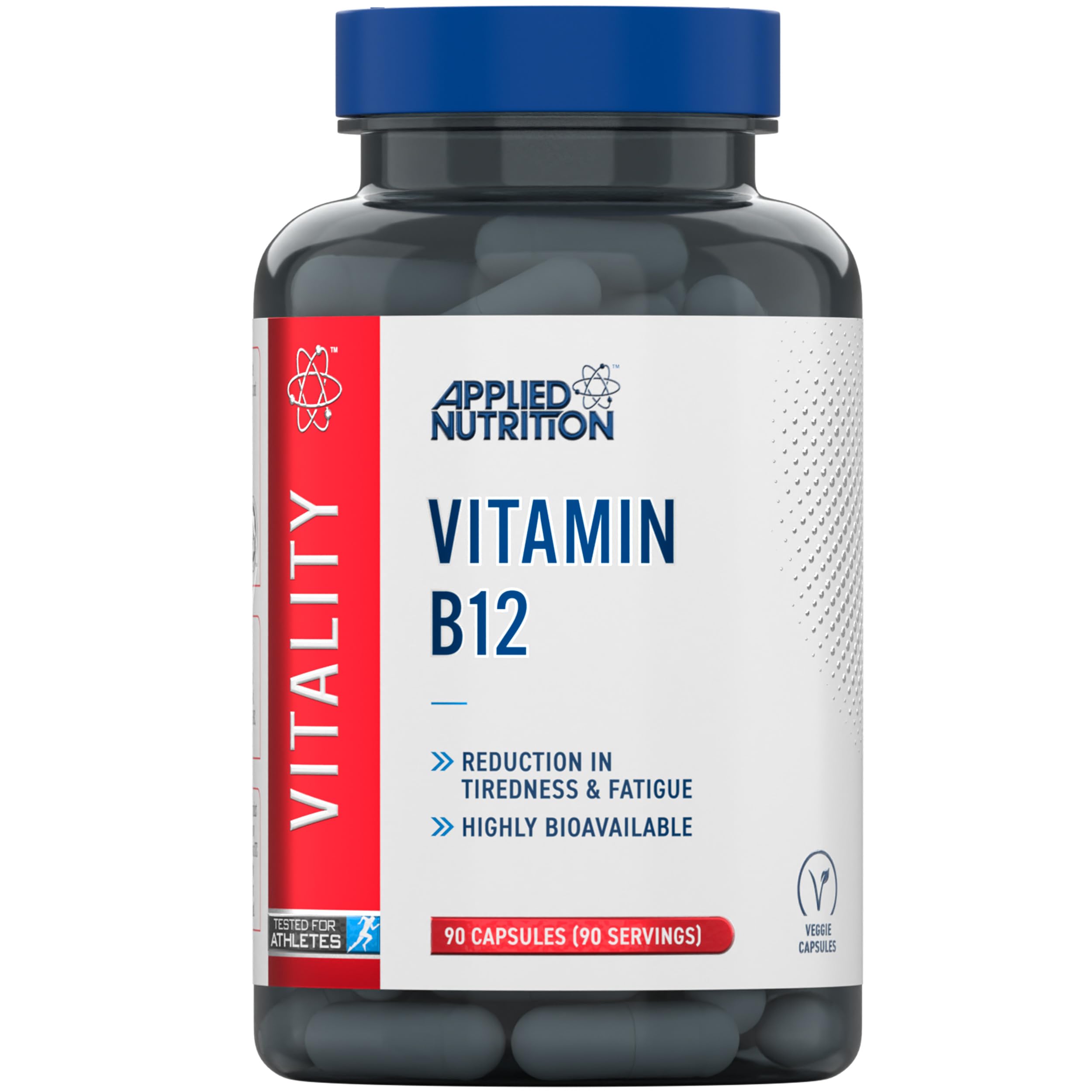 Dark gray Applied Nutrition VITALITY B12 bottle with blue cap supports energy and nutrition vitamin b12