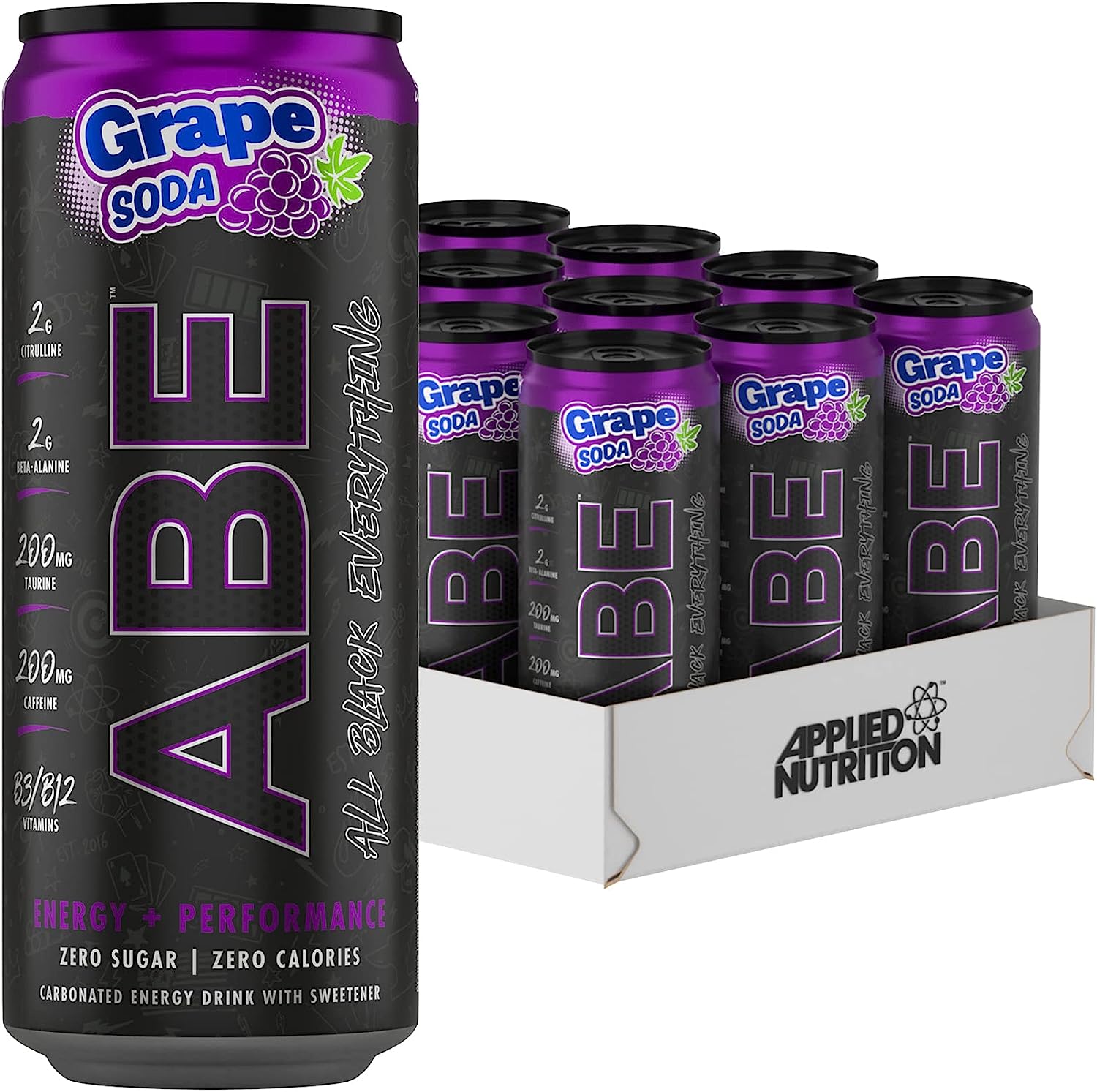 Applied Nutrition ABE (All Black Everything) Carbonated Can - 12x330ml / American Grape Soda - Energy Ready-to-Drinks