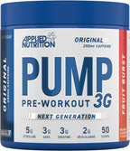 Blue and white tub of Applied Nutrition Pump pre-workout supplement for energy