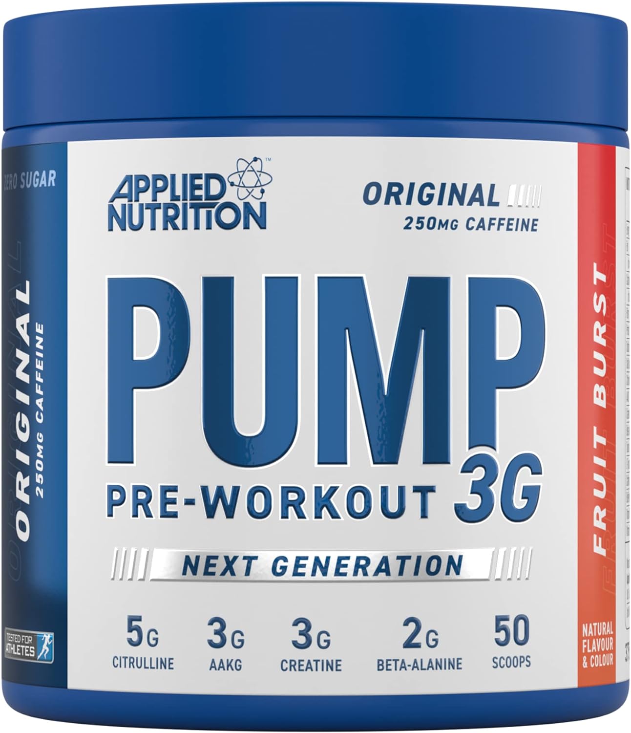 Blue and white tub of Applied Nutrition Pump pre-workout supplement for energy