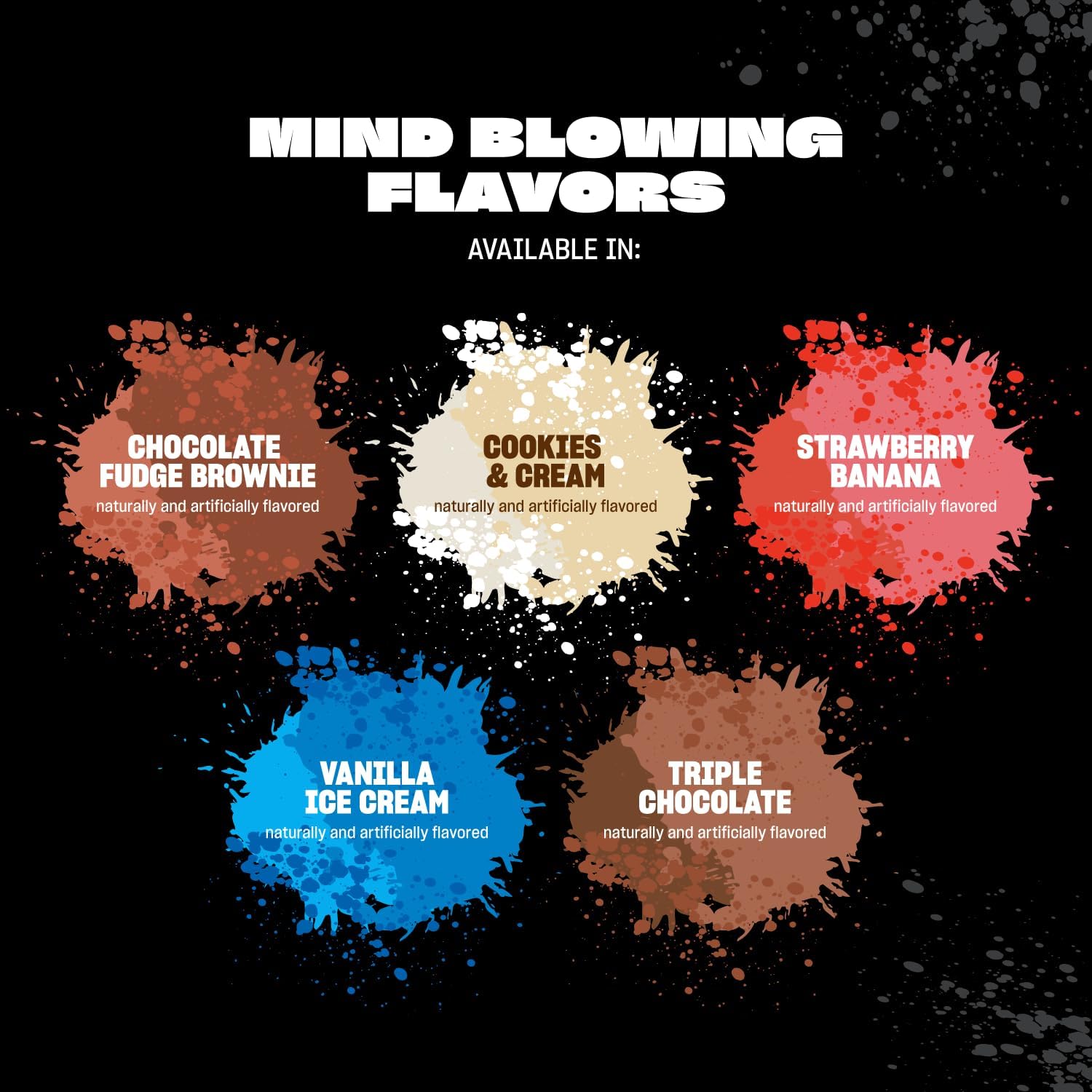 Colorful flavored dessert splatters for Mutant Mass protein supplement