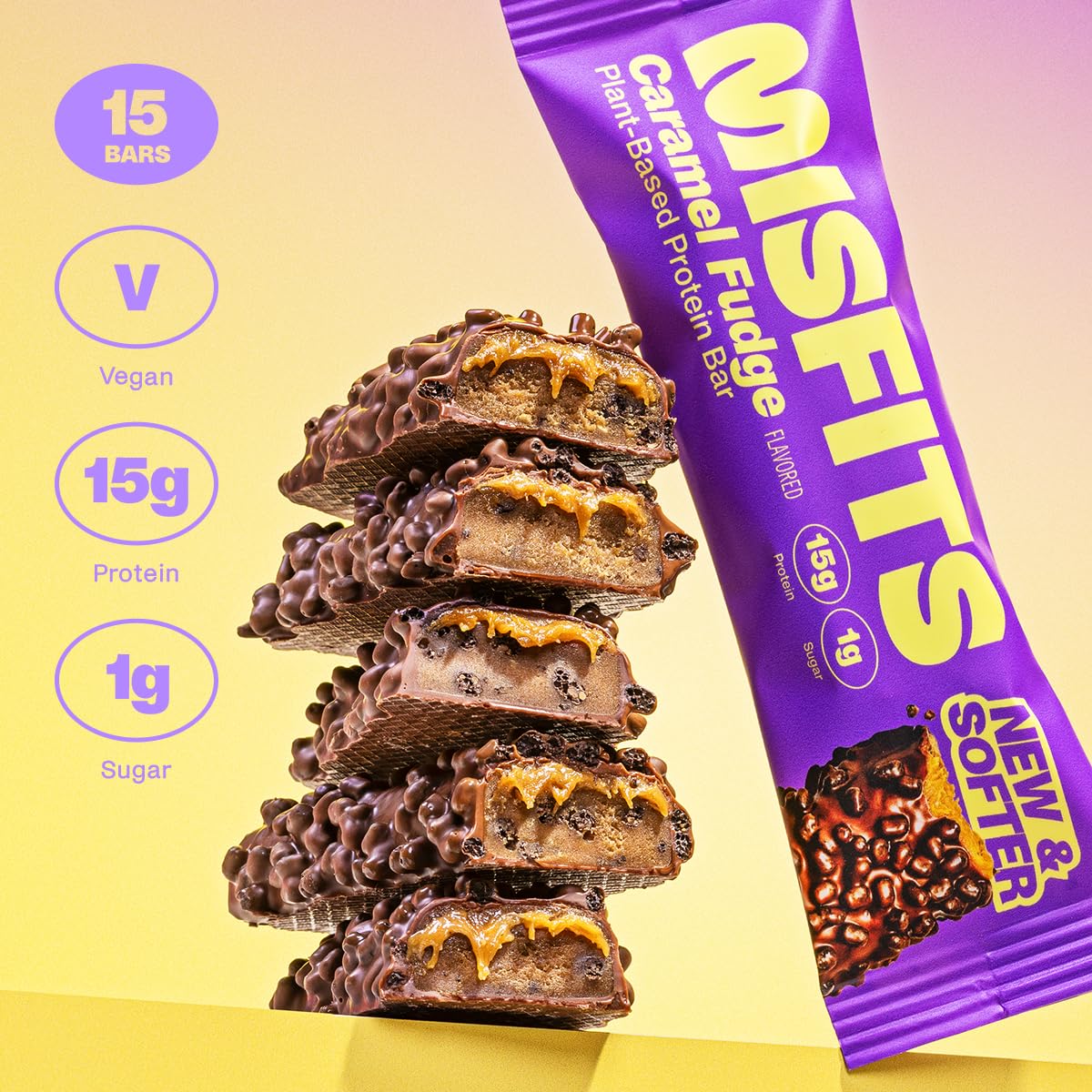 Stack of Misfits Plant-Based Protein Bar with purple wrapper, delicious protein bar snack
