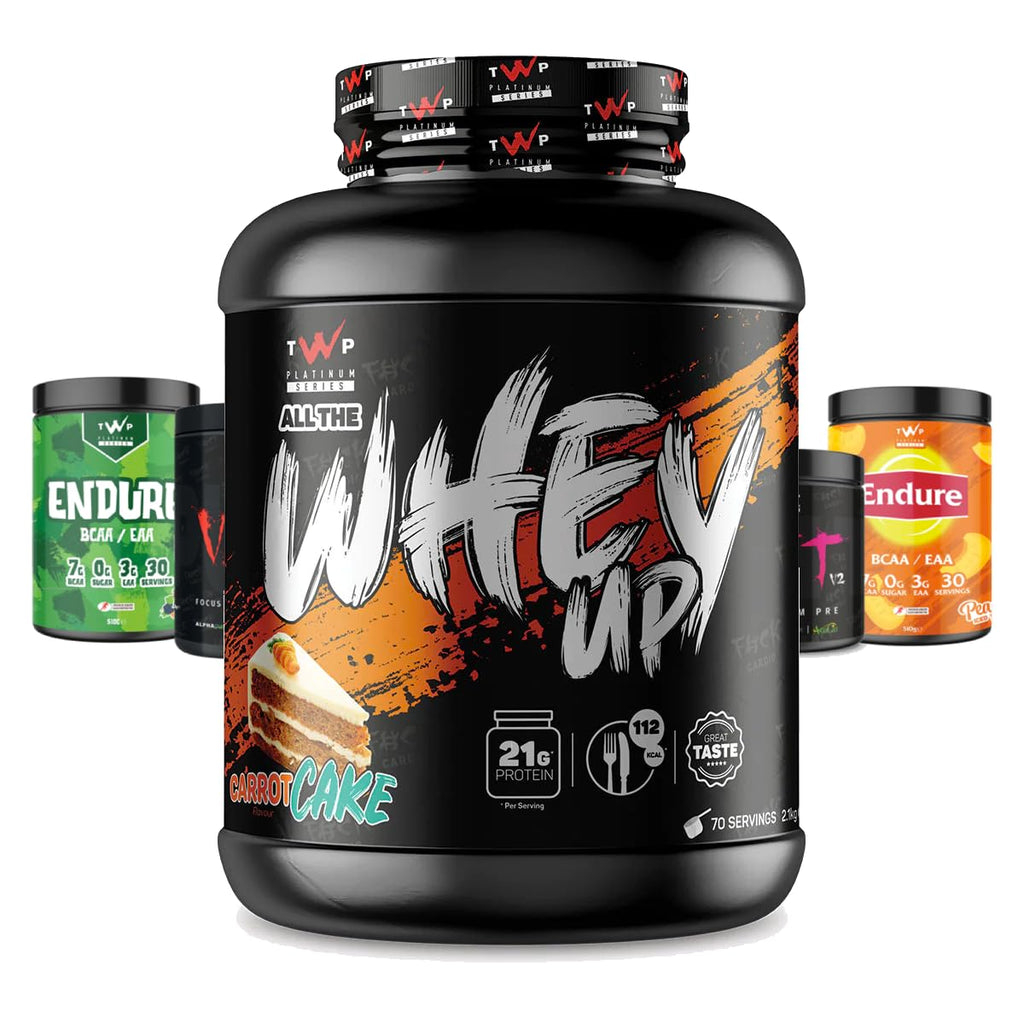 Black TWP All The Whey protein container with Battenberg cake flavor and 21g protein