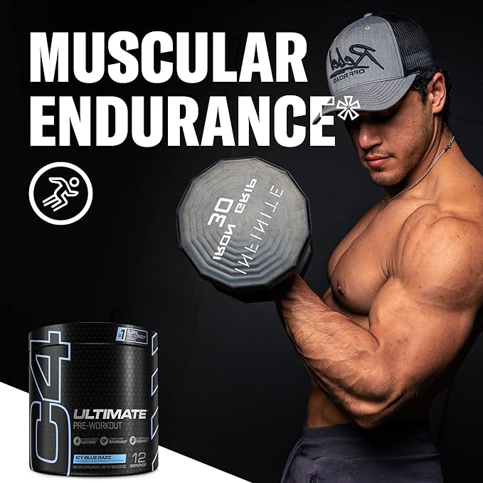 Man with muscular physique lifting dumbbell showing Cellucor C4 Ultimate with Carnosyn beta-alanine