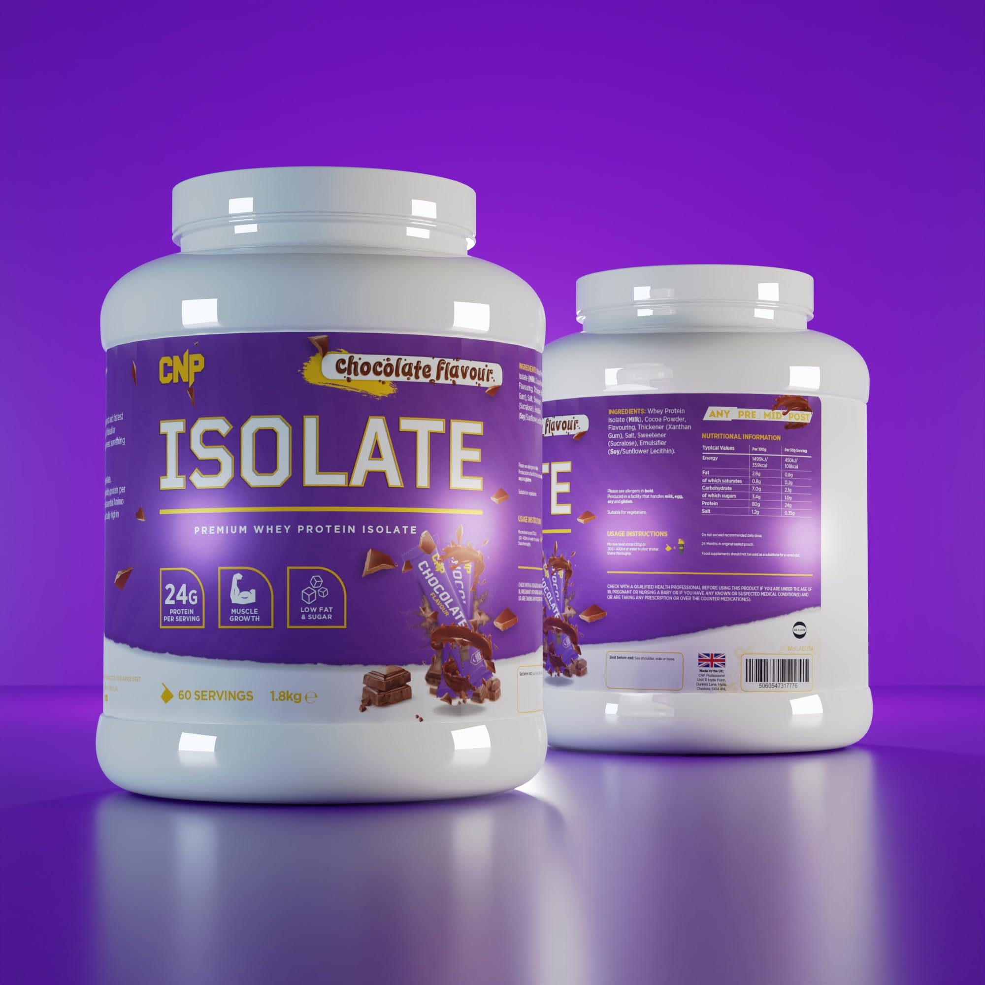 Chocolate whey protein isolate powder in a white tub CNP Isolate for essential amino acids