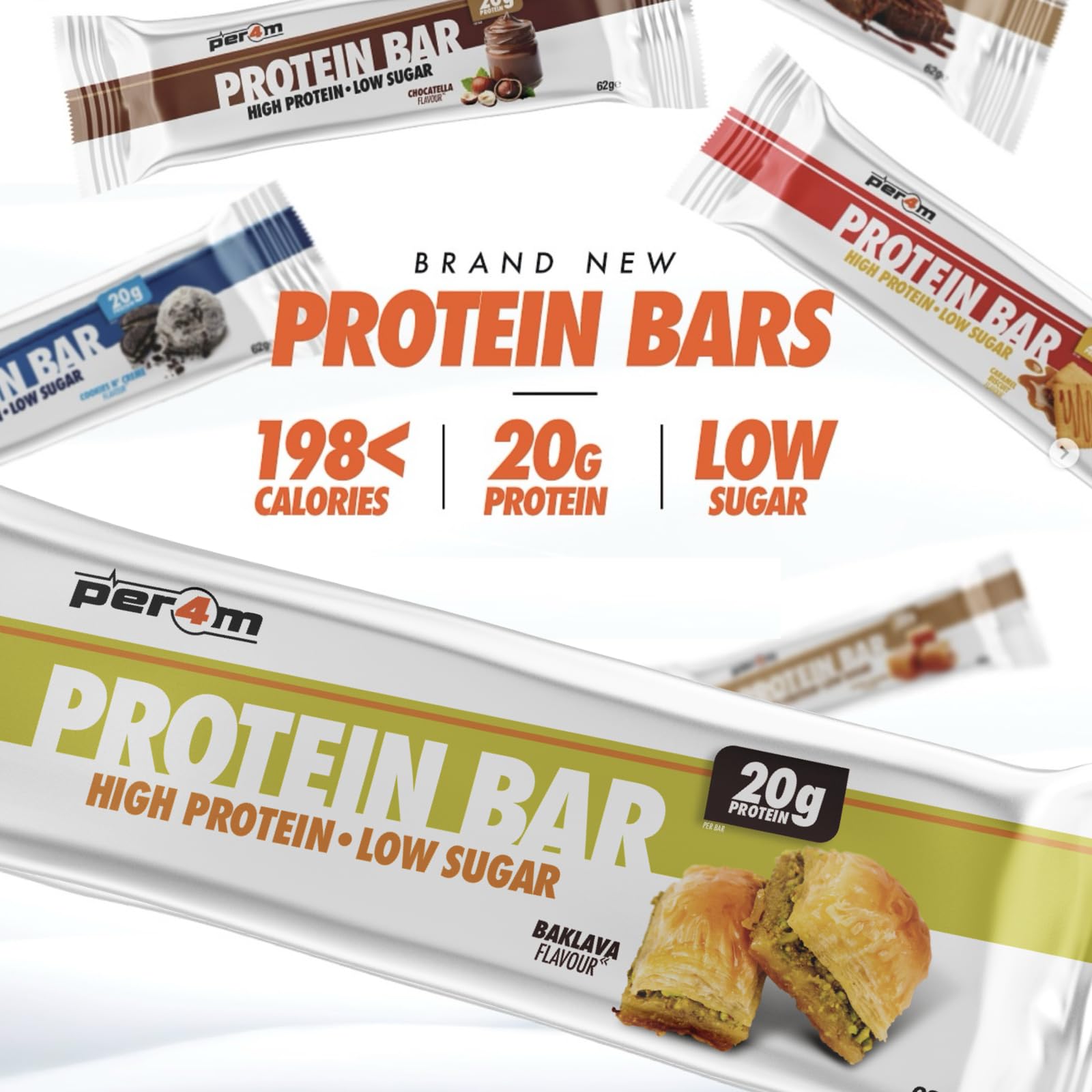 Assorted Per4m Protein Bar flavors with high protein, low sugar, under 198 calories