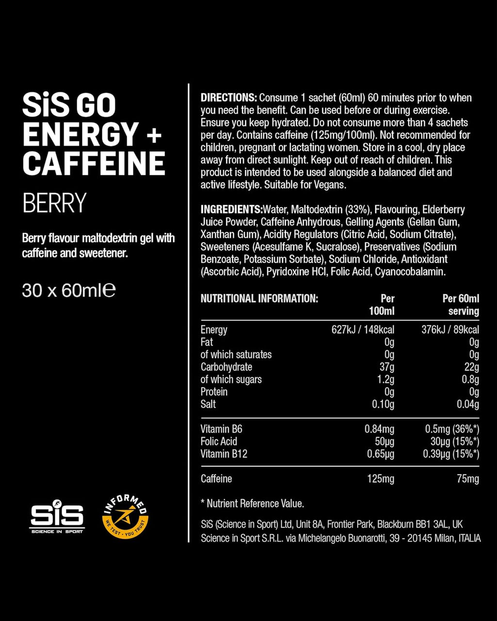 SIS (Science In Sport) GO Energy + Caffeine Gel 30 x 60ml