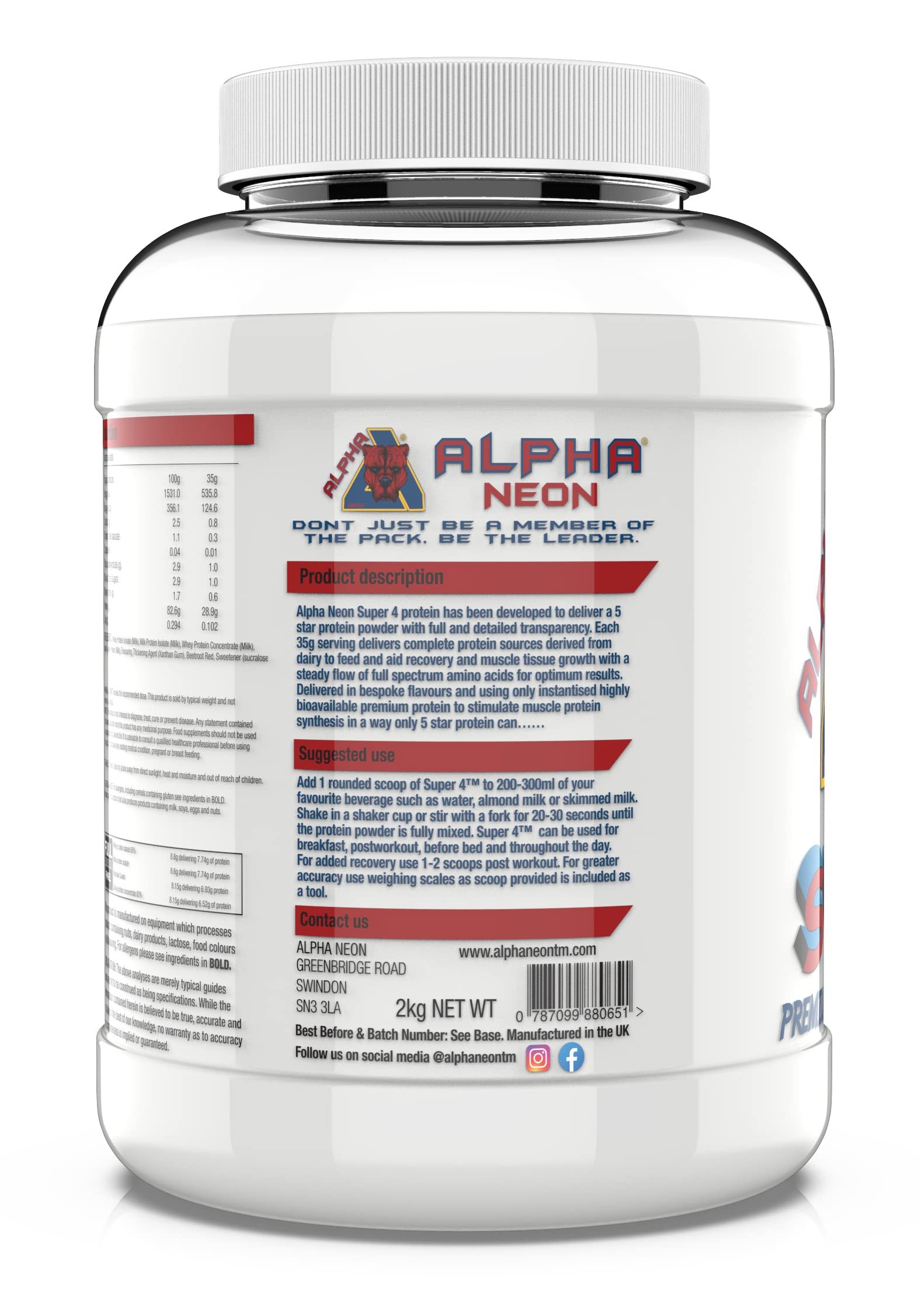 Alpha Neon SUPER 4 - Protein Blend Powder (Whey Protein Concentrate Whey Protein Isolate Calcium Caseinate Micellar