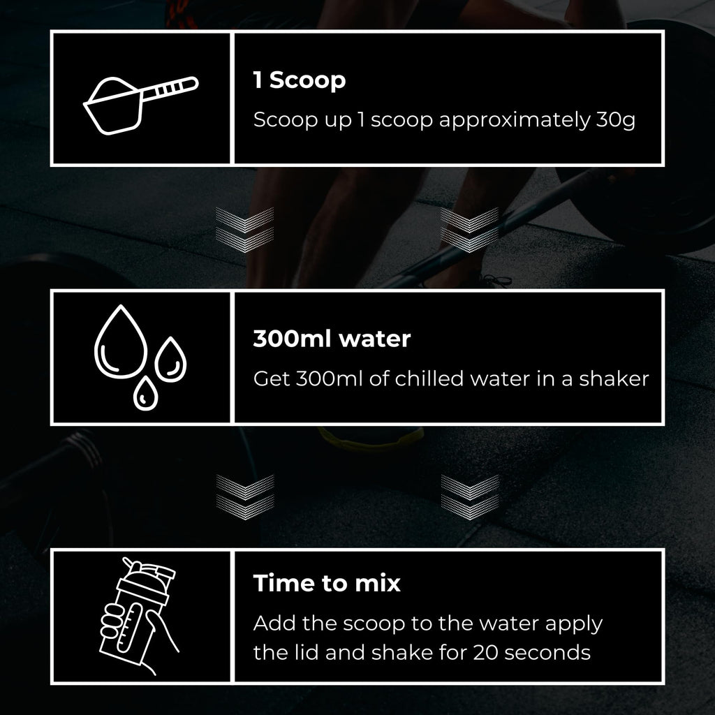 Instructions for mixing Outangled Beef Iso Plus protein shake with beef protein isolate