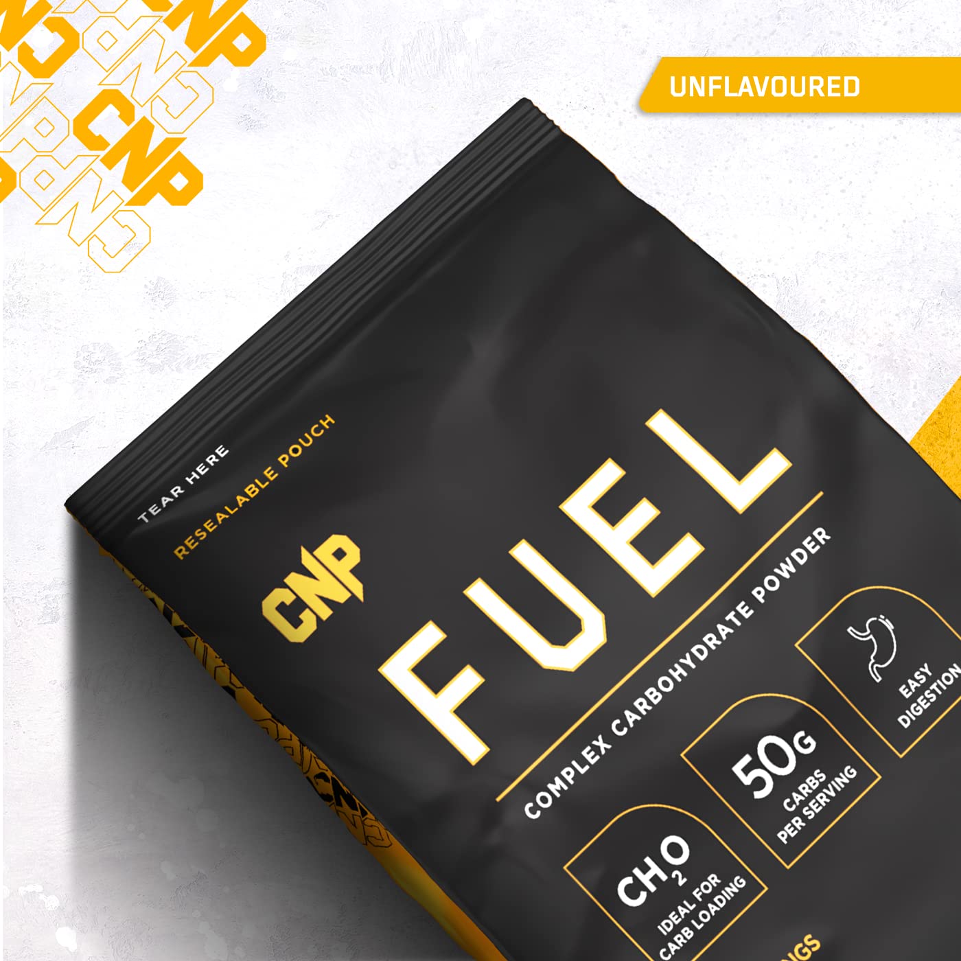 Black resealable pouch of CNP Pro Fuel complex carbs with flavourless formula and yellow tag