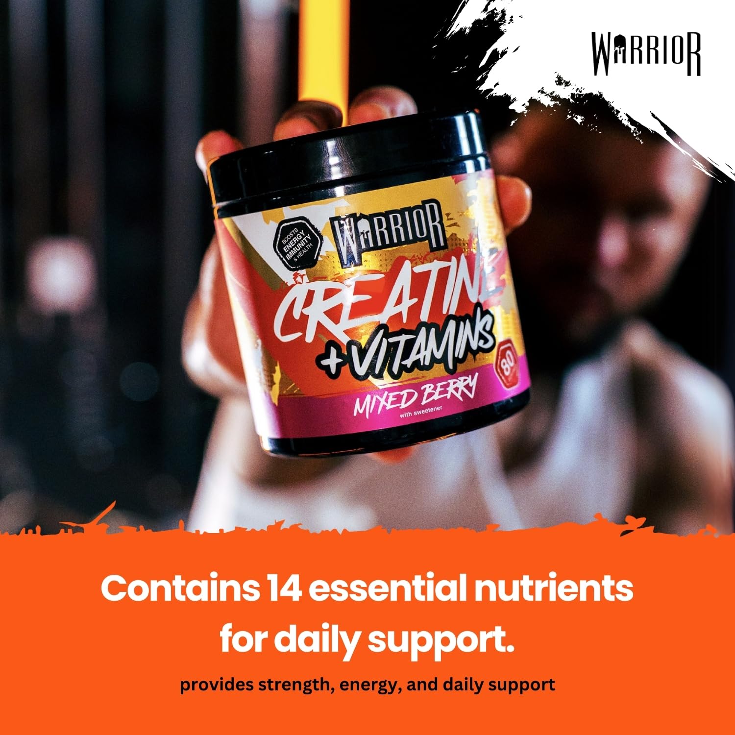 Warrior Creatine Plus Vitamins Mixed Berry tub for muscle boost at Guinness Road