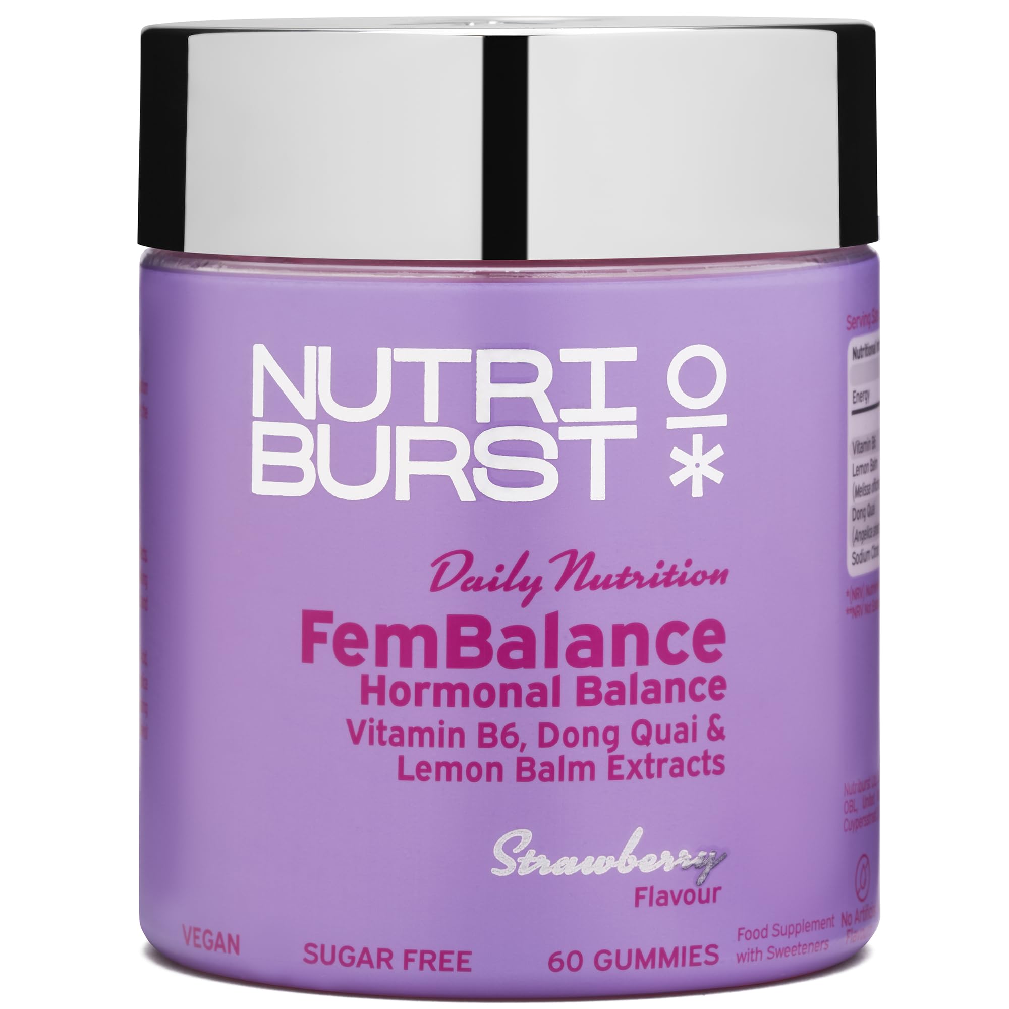 Purple tub of NutriBurst Fembalance strawberry gummies for hormonal balance with dong quai