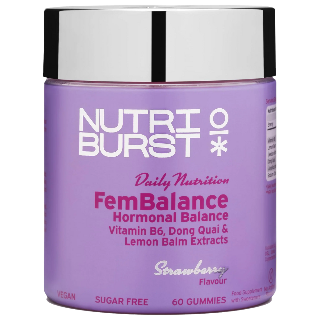 Purple Nutriburst Fembalance container with strawberry gummies for hormonal balance and dong quai