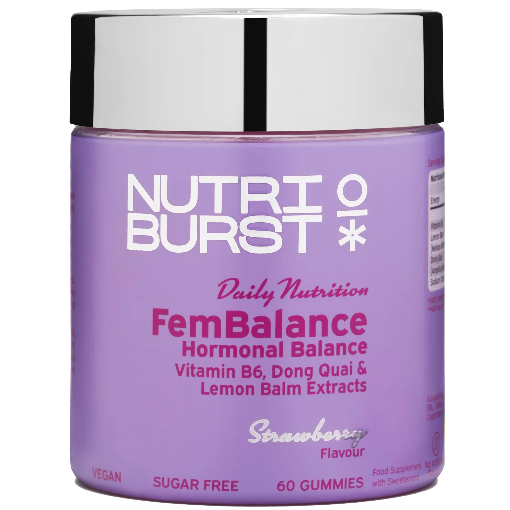 Purple Nutriburst Fembalance container with strawberry gummies for hormonal balance and dong quai
