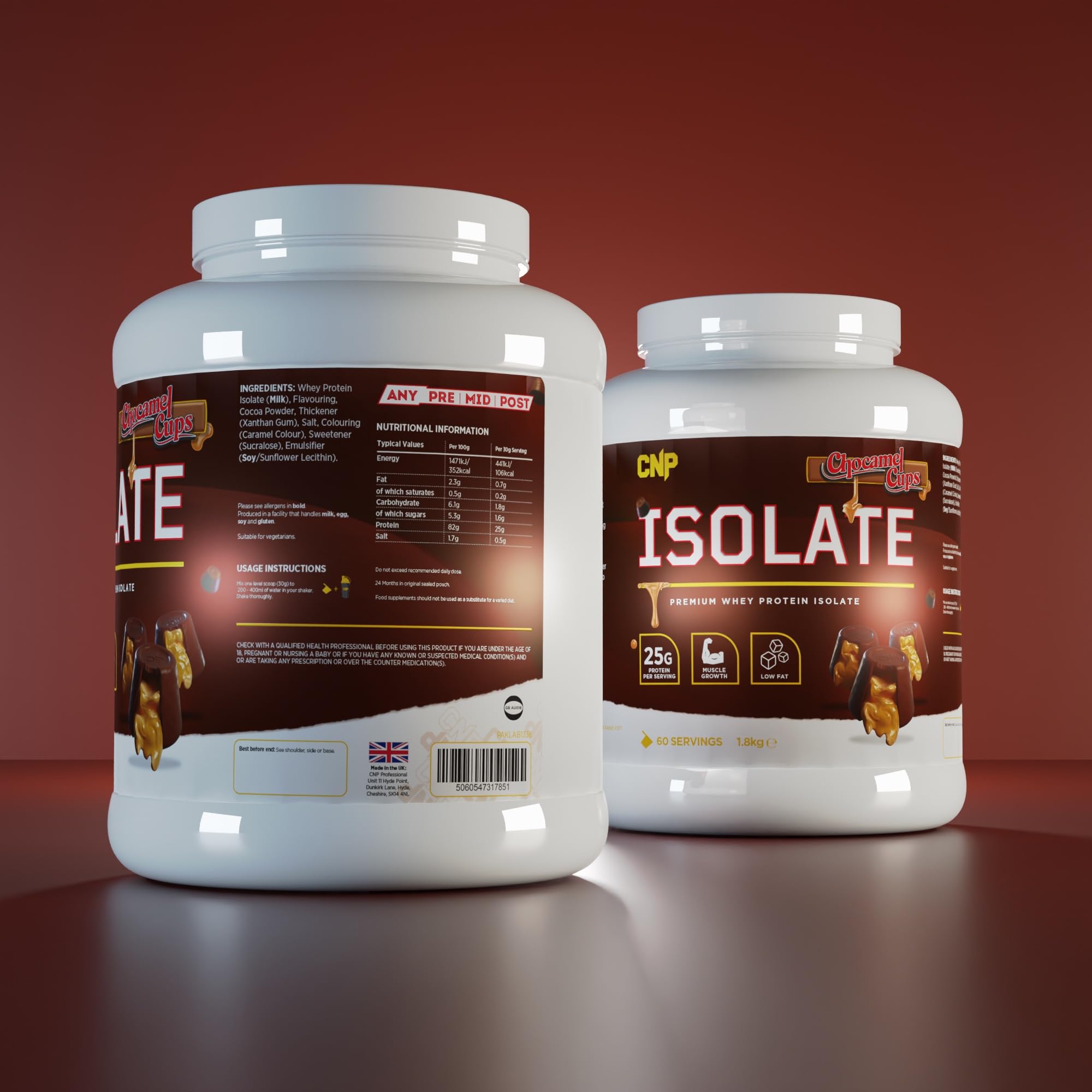 Two CNP Isolate tubs of chocolate-flavored whey protein isolate with essential amino acids