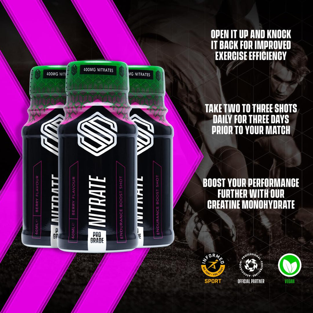Three dark-colored Soccer Supplement Nitrate Shot bottles with green caps and pink liquid