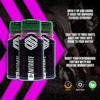 Three dark-colored Soccer Supplement Nitrate Shot bottles with green caps and pink liquid