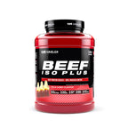Red and black Outangled Beef Iso Plus container of beef protein isolate powder with cola flavor