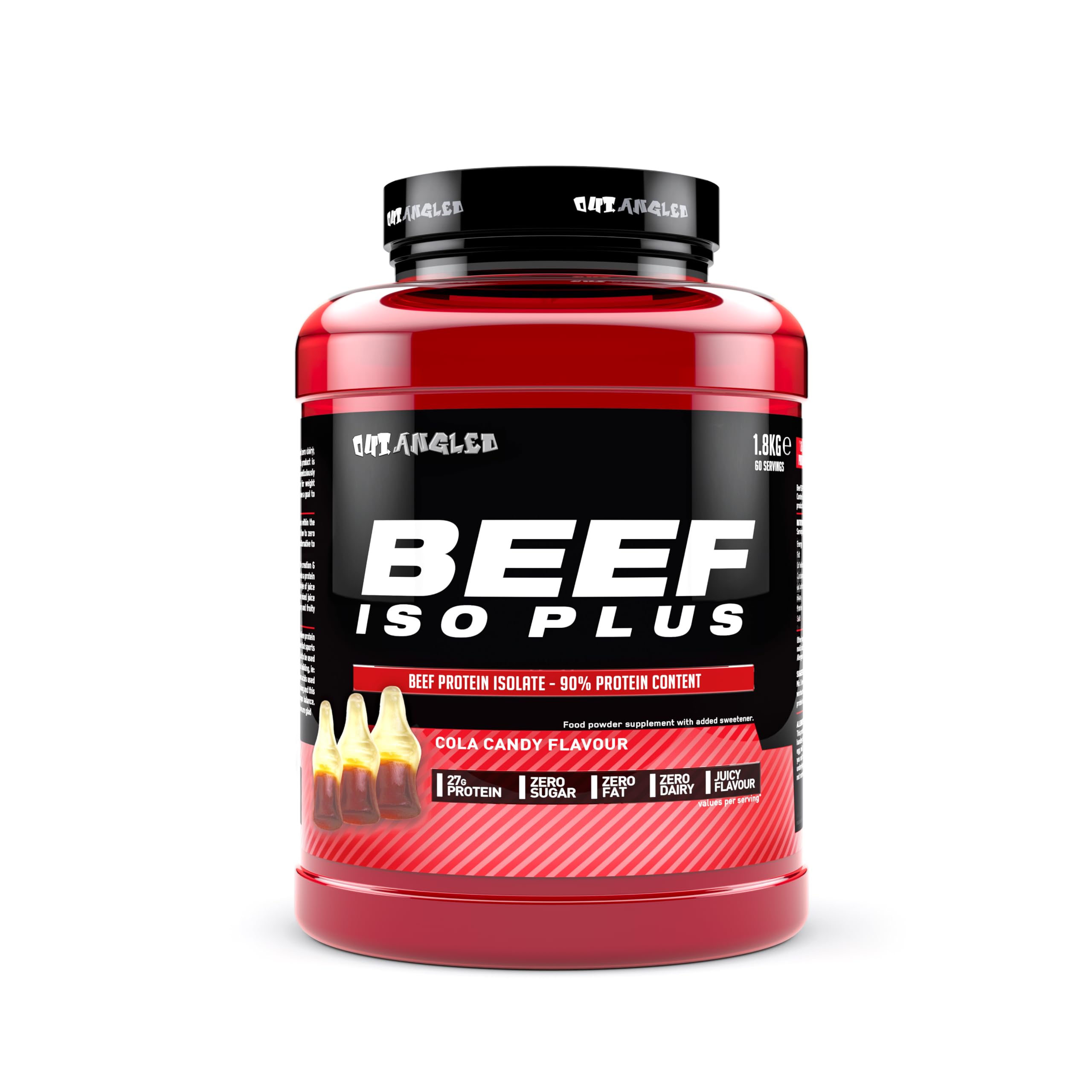 Red and black Outangled Beef Iso Plus container of beef protein isolate powder with cola flavor