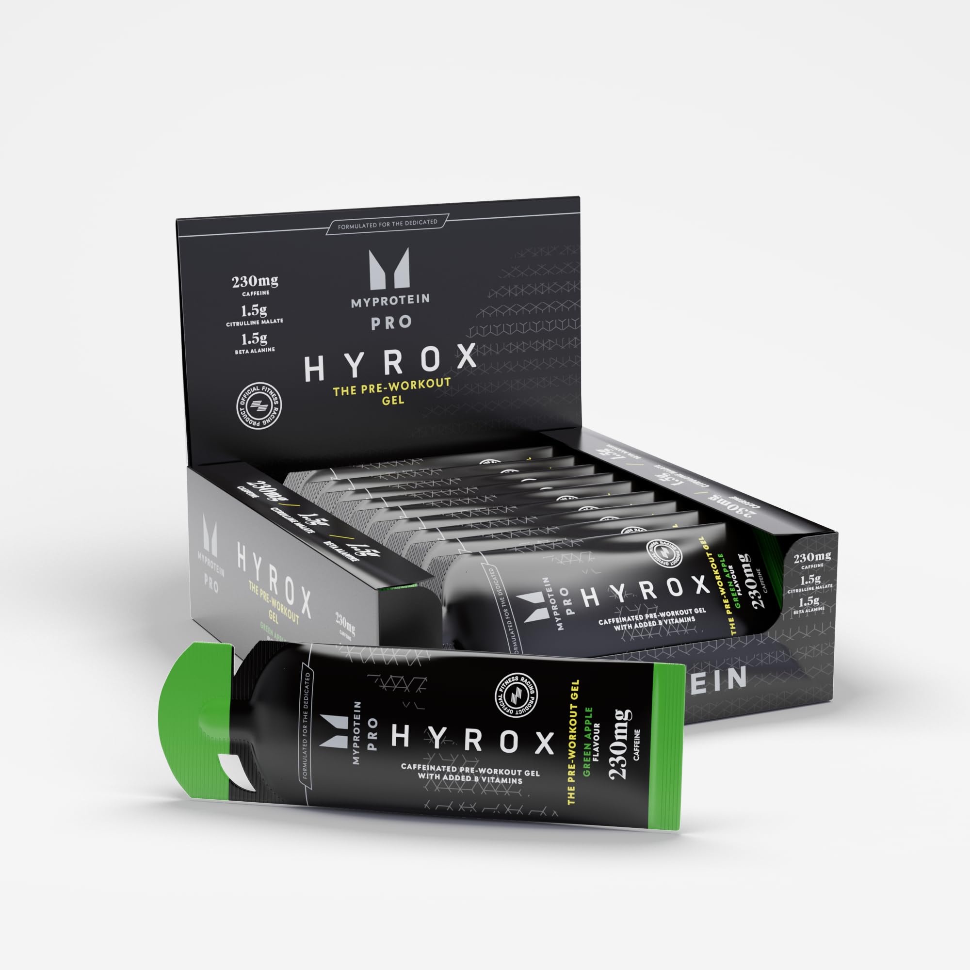 Box of MyProtein THE Pre Workout Gel Hyrox edition with citrulline malate energy and on-the-go vitamin B12