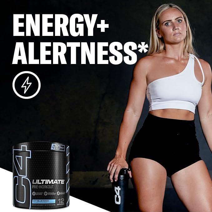 Black tub of Cellucor C4 Ultimate pre-workout with Carnosyn Beta-Alanine
