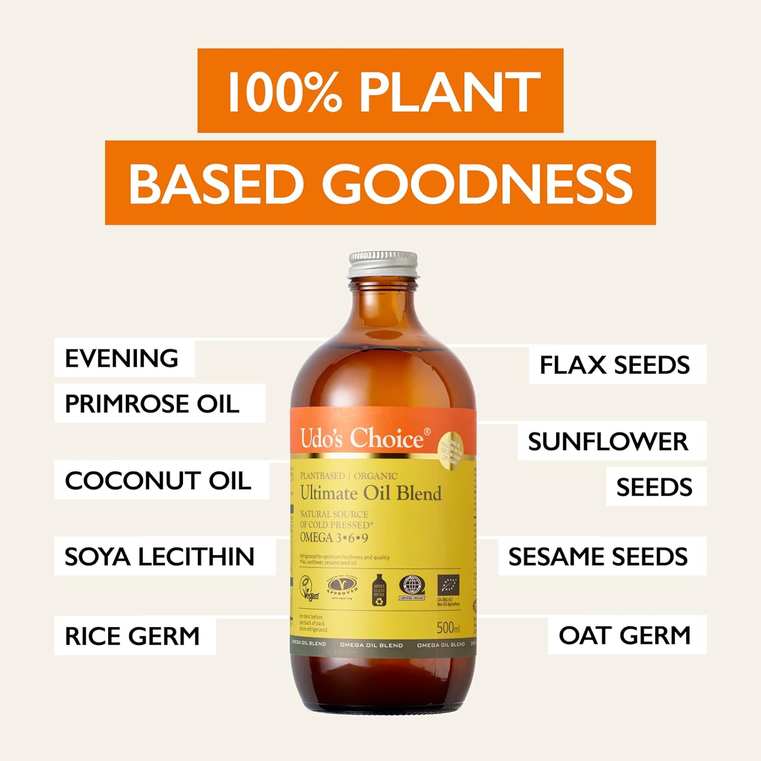 Bottle of Udo’s Choice Ultimate Oil Blend Organic with essential fatty acids for health