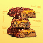 Stacked Misfits Plant-Based Protein Bar with caramel, crunchy bits, and chewy interior
