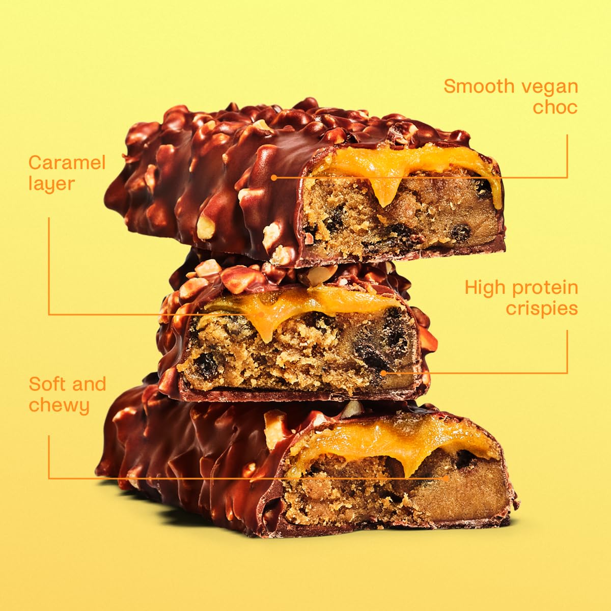 Stacked Misfits Plant-Based Protein Bar with caramel, crunchy bits, and chewy interior