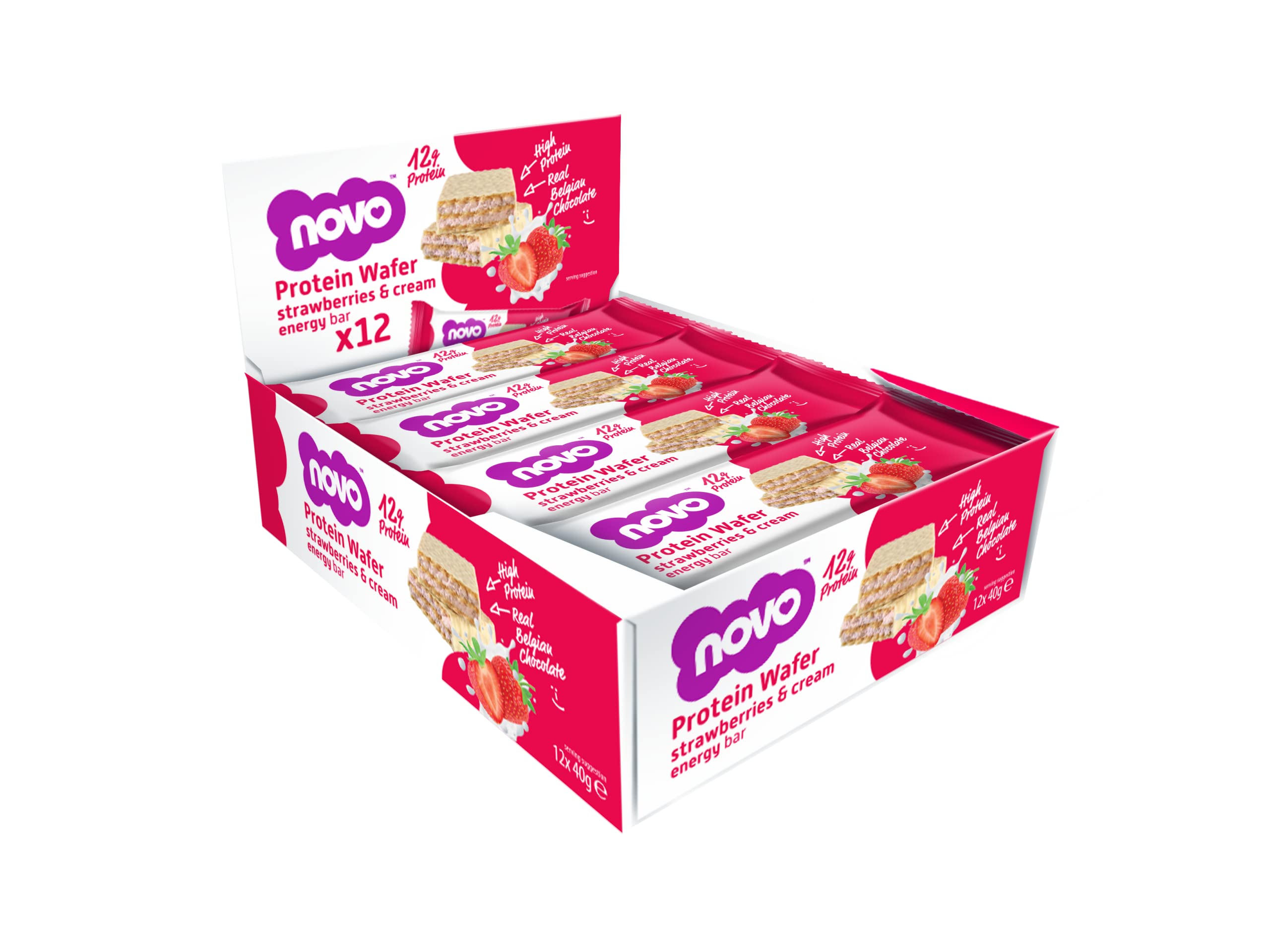 Box of Novo Protein Wafer Bar with strawberries & cream flavor for energy and nutrition