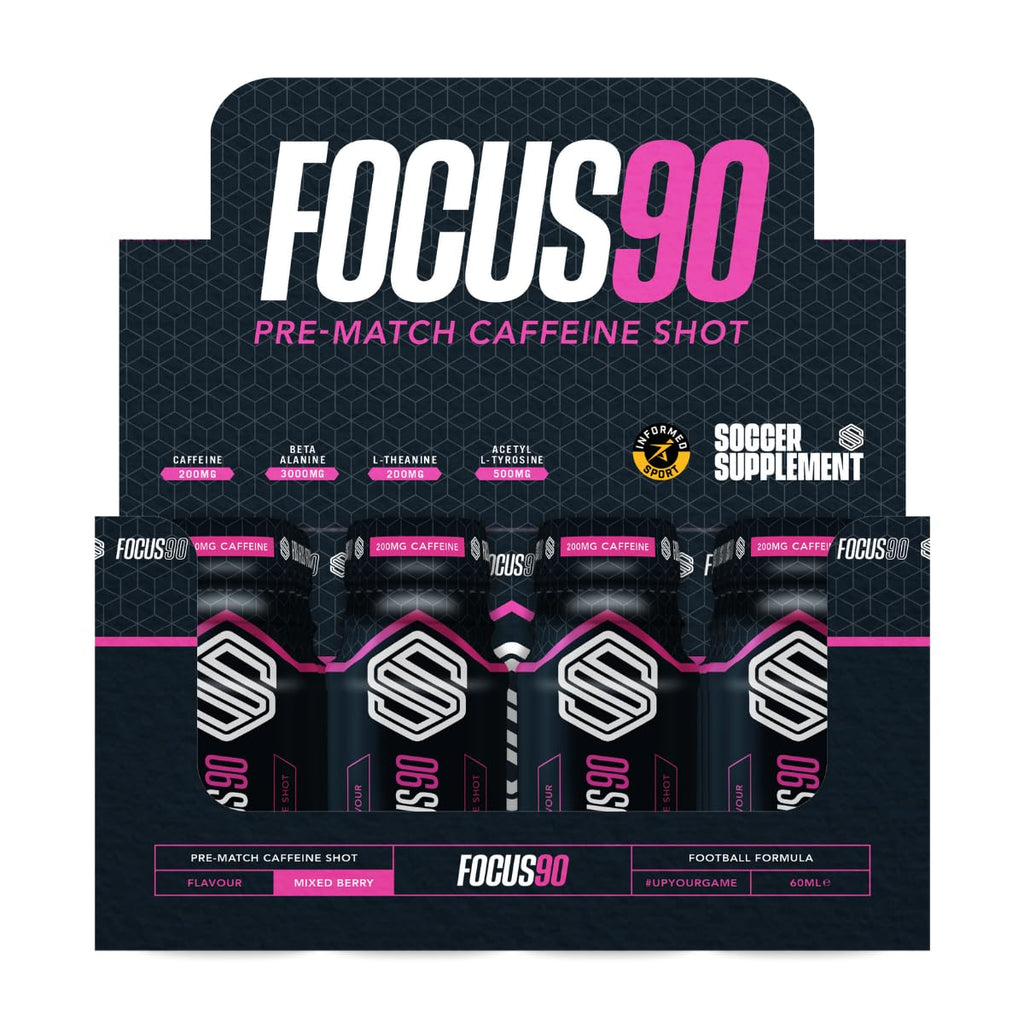 Display box of Soccer Supplement Focus Shot caffeinated drinks with mixed berry flavor for pre-match energy