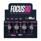 Display box of Soccer Supplement Focus Shot caffeinated drinks with mixed berry flavor for pre-match energy