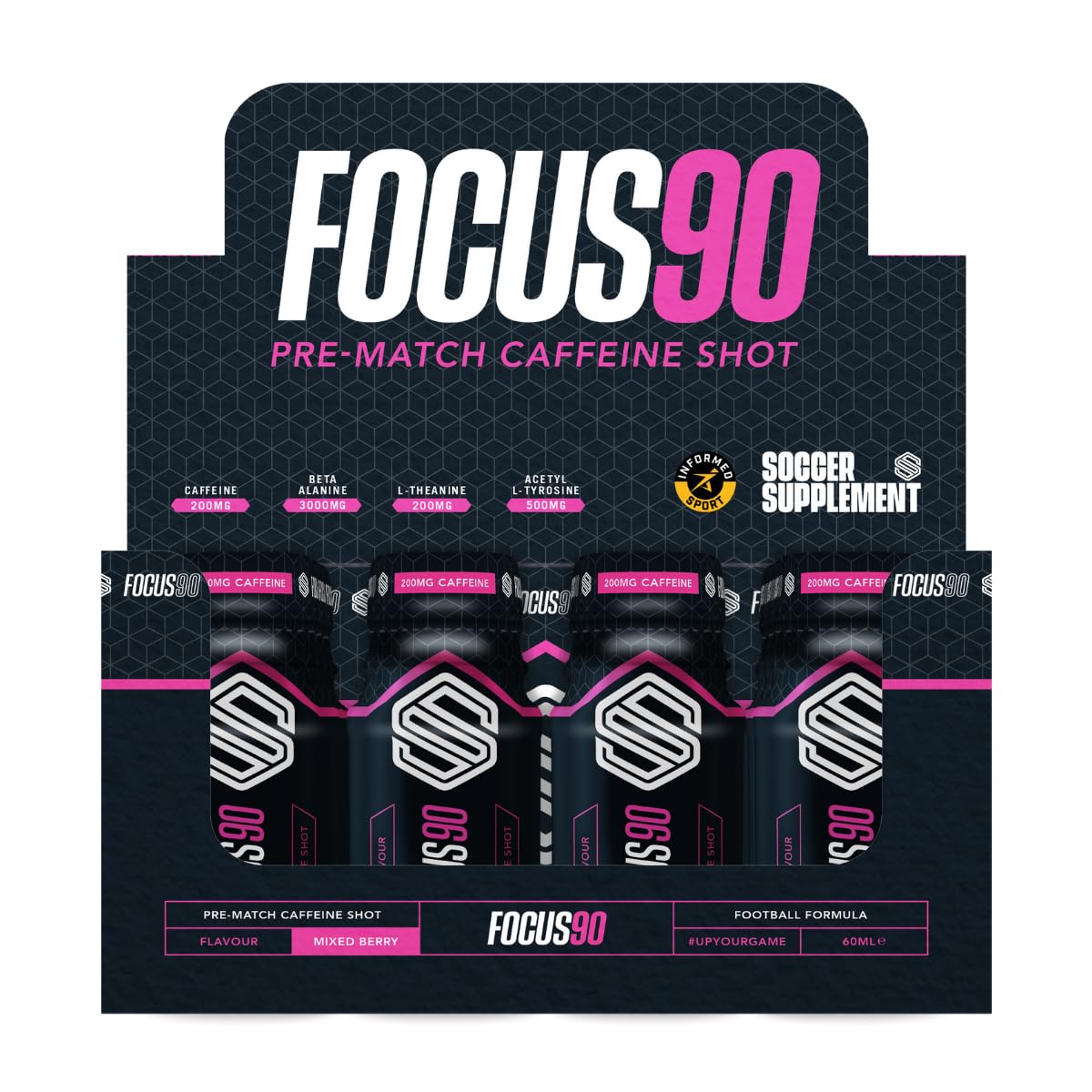 Display box of Soccer Supplement Focus Shot caffeinated drinks with mixed berry flavor for pre-match energy