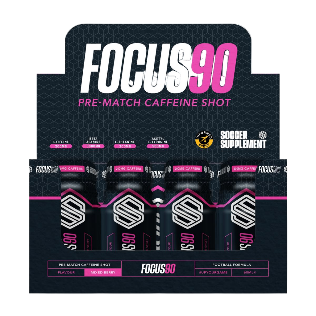 Display of Focus 90 pre-match caffeine shots with packaging on a white background