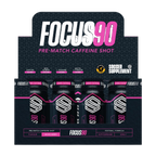 Display of Focus 90 pre-match caffeine shots with packaging on a white background
