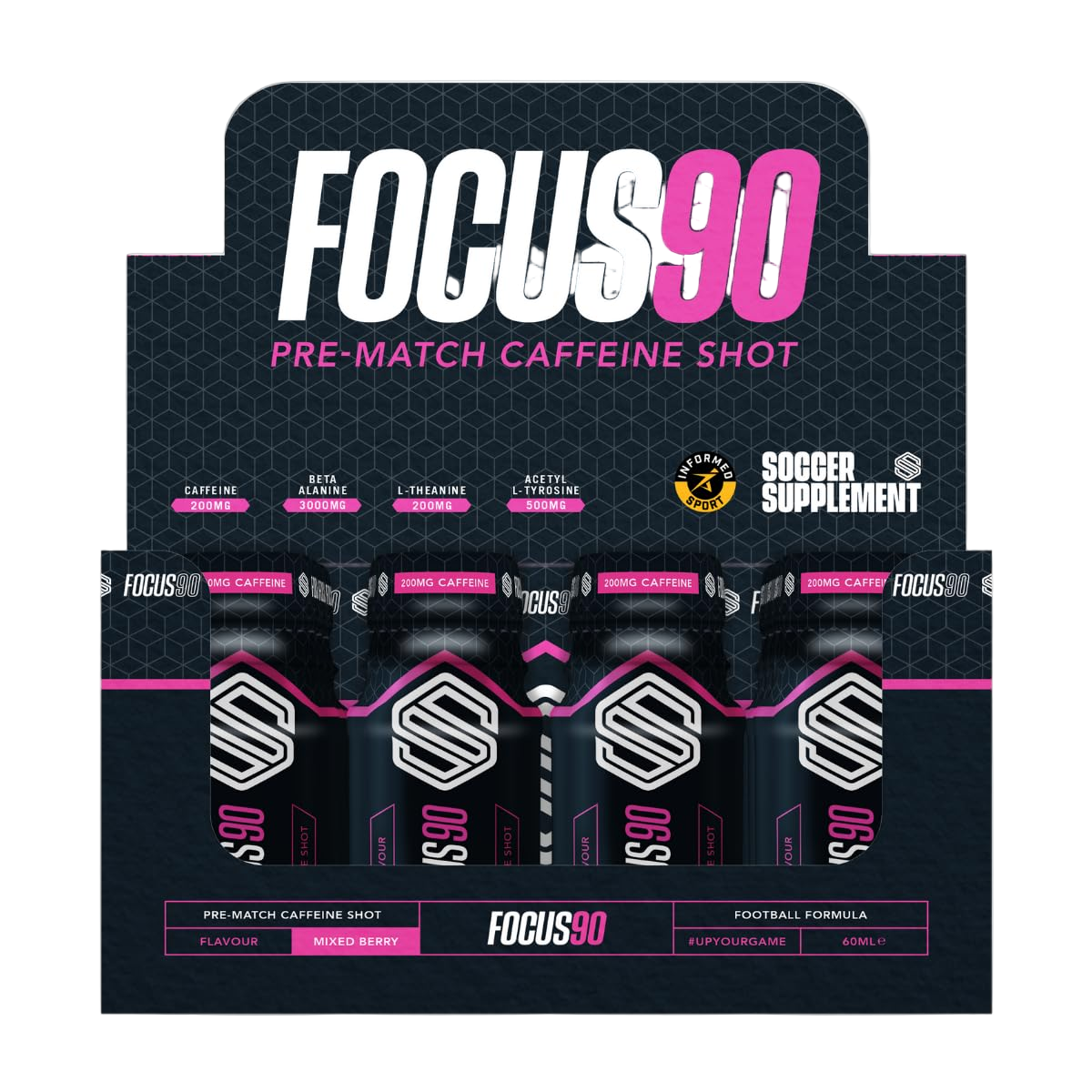 Display of Focus 90 pre-match caffeine shots with packaging on a white background