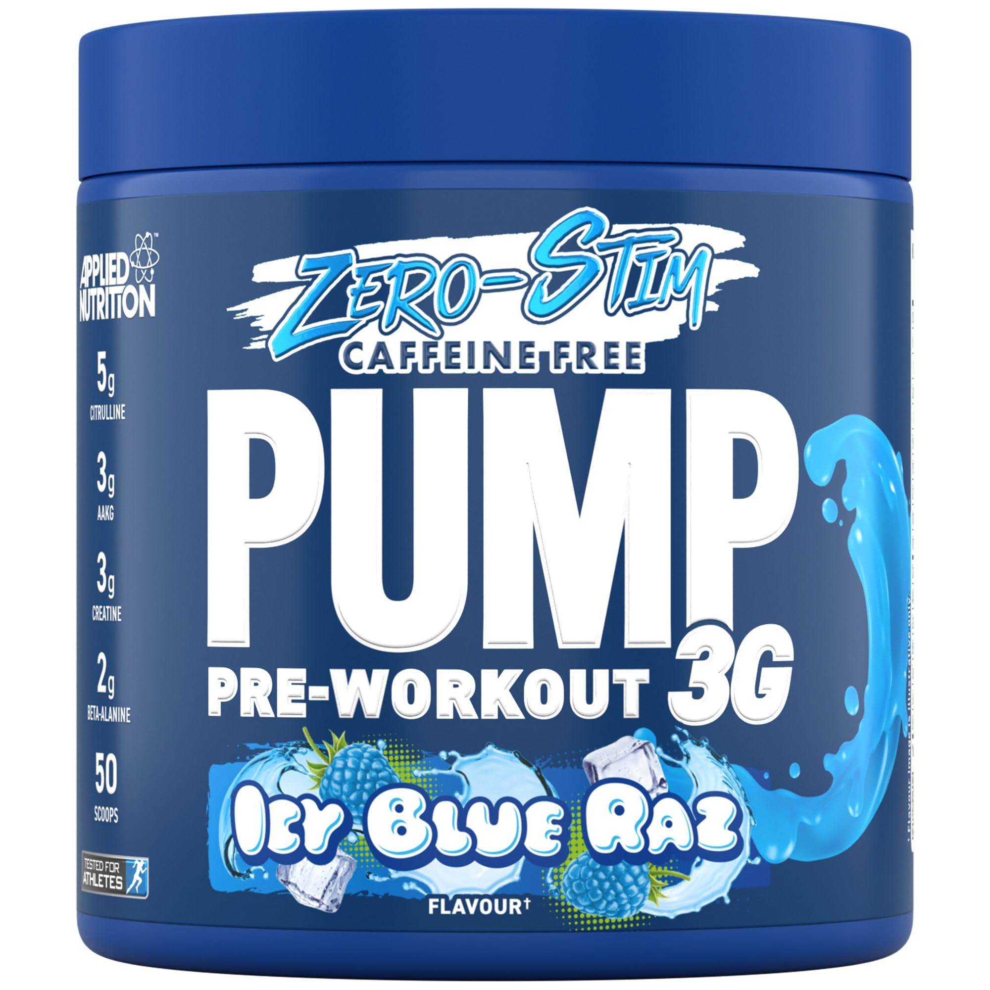 Blue Applied Nutrition Pump 3G Zero container with Icy Blue Raz flavor featuring citrulline malate and vitamin B12