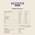 Nutritional info label for MaxiNutrition Progain vanilla supplement with high-quality whey protein