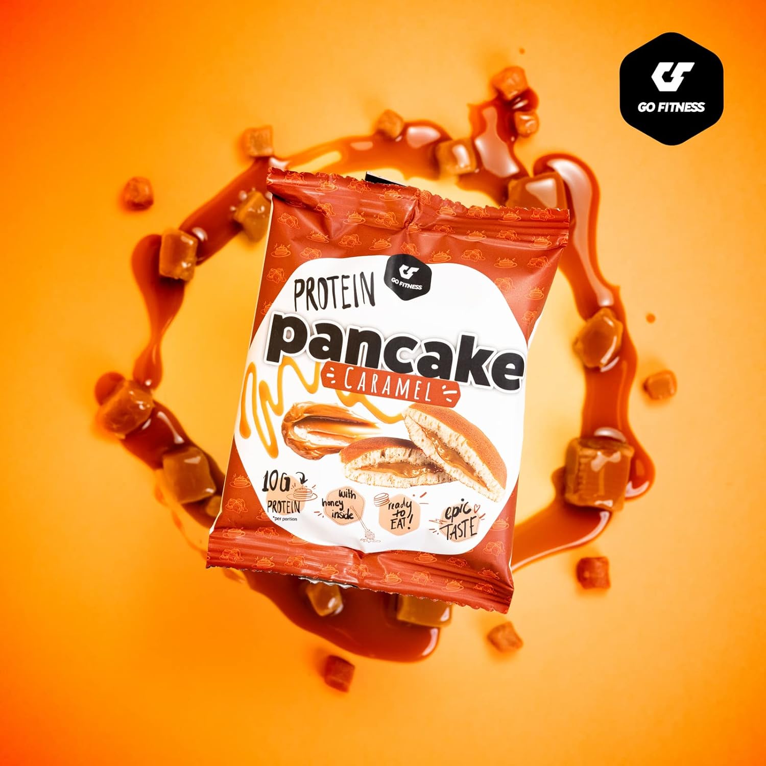 Sealed Go Fitness Protein Pancake with caramel filling, soft pancakes with whey protein