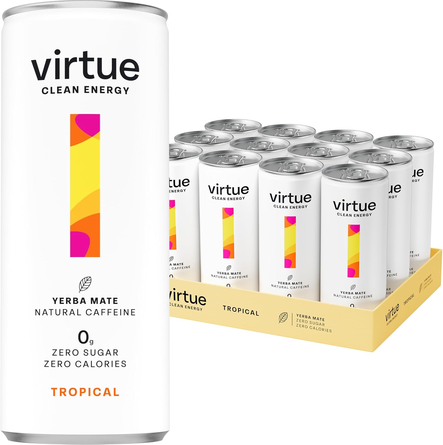 Virtue Clean Energy Yerba Mate cans with natural caffeine, zero sugar, zero calories