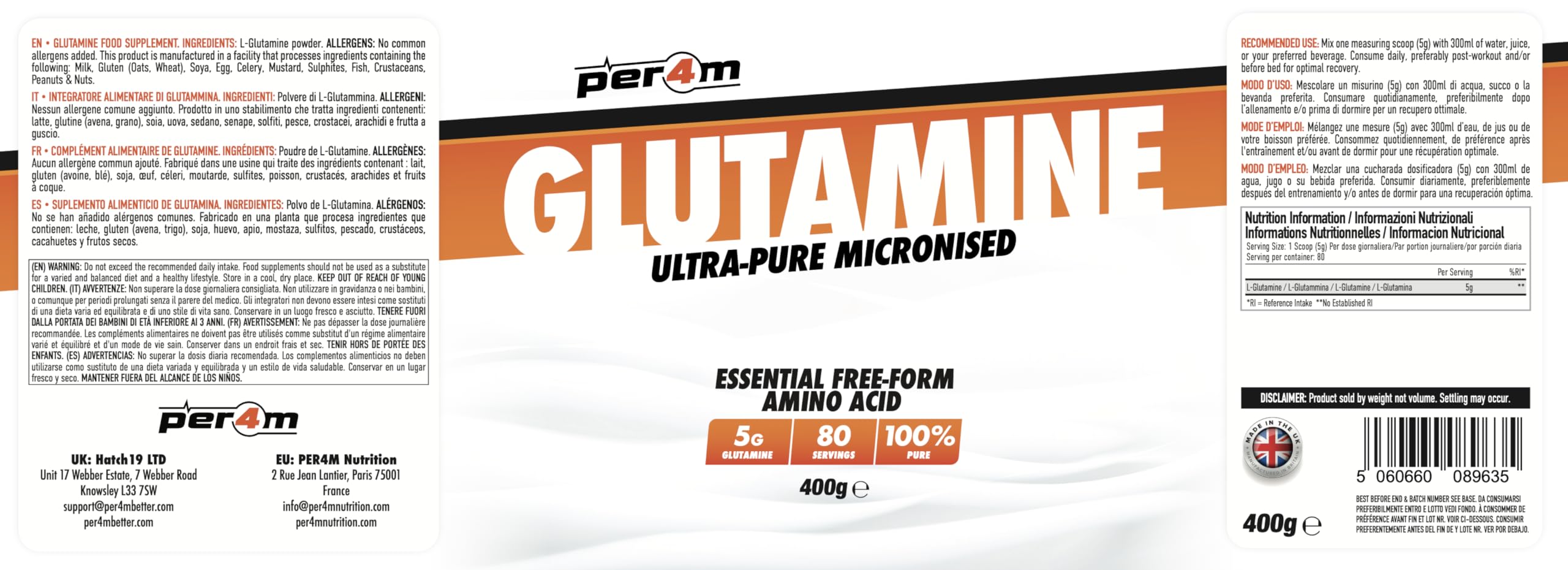 Per4m Glutamine - 400g / Unflavoured - Glutamine