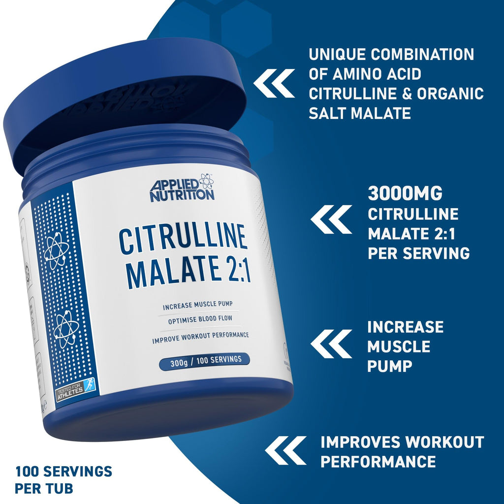 Blue and white Applied Nutrition Citrulline Malate tub for workout performance and muscle recovery