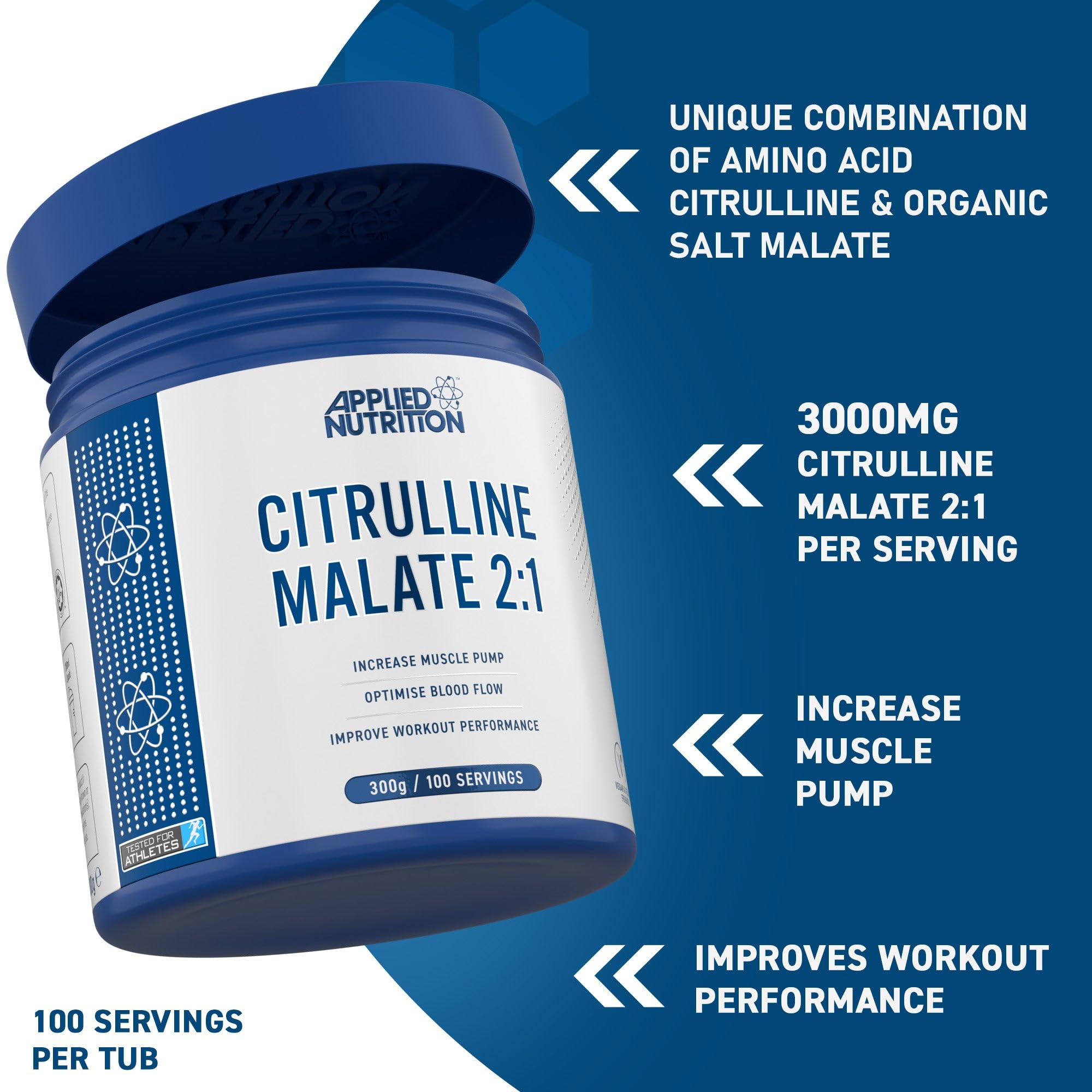 Blue and white Applied Nutrition Citrulline Malate tub for workout performance and muscle recovery
